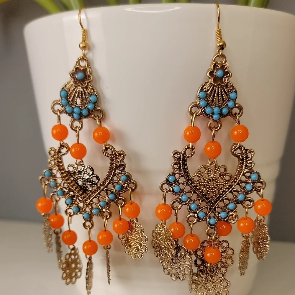 Boho Orange Blue Gold Chandelier Earrings Bohemian